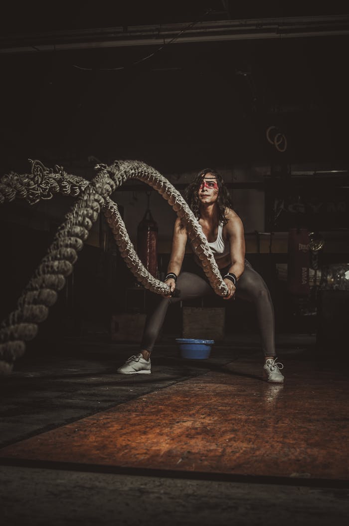 Woman performing an intense battle rope exercise in a dimly lit gym, showcasing strength and dedication.